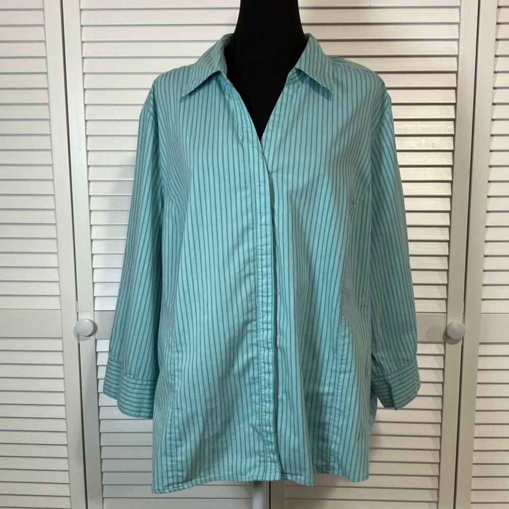 Basic Editions Retro Blue Striped Button Down Relaxed Blouse Women 3X